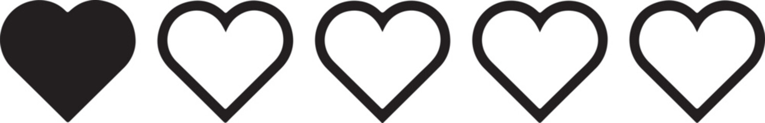 A sequence of five black and white heart outlines showing varying fill levels