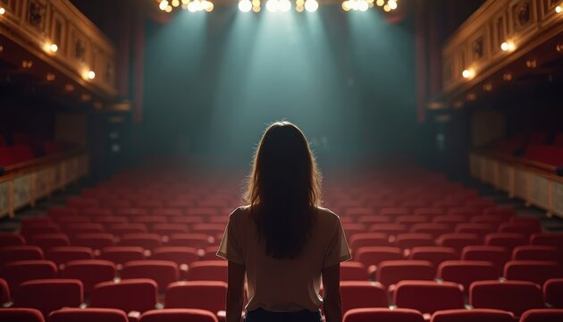 Woman stands alone on empty theater stage under bright spotlight. She is about to perform, practice, or audition in front of rows of red seats. Dramatic scene evokes passion and talent.
