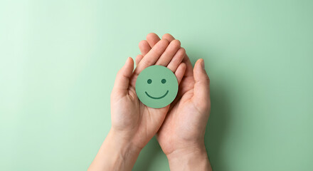 Hands holding green smiley face on mint background