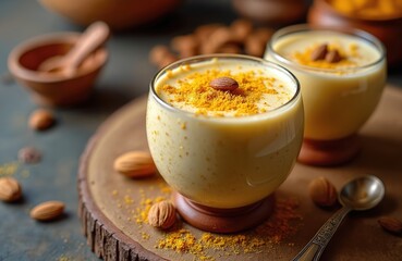 Golden almond milk beverage with saffron and nuts. Two creamy shakes served in terracotta glasses. This sweet, healthy drink is ideal for Ramadan, Diwali, or any festive meal.