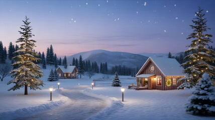 Fototapeta premium Cozy winter cabin scene with snow and illuminated pathway at dusk