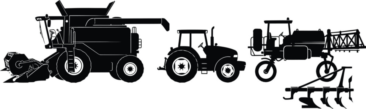 Set of 4 Farm Machinery silhouettes combine harvester tractor crop sprayer and plow side view