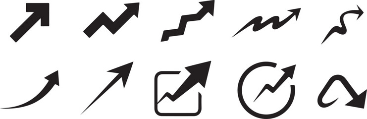 Collection of various black arrow shapes pointing upwards and indicating progress