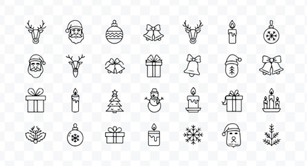 Obraz premium Santa Sack Icons. Festive Santa Sack. Line outline icon set of Festive Santa Sack: gift bag, wrapped gifts,