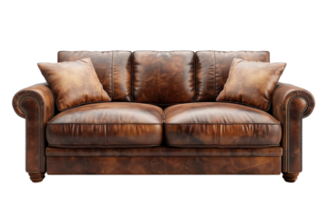A luxurious brown leather sofa with pillows