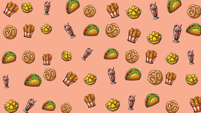 Assorted fast food items like tacos, pretzels, fries, nachos, and milkshakes arranged in a playful pattern. Ideal for foodrelated designs.
