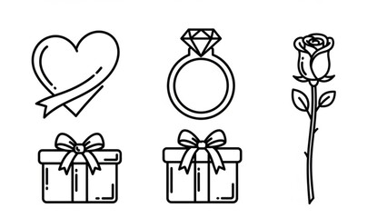 Valentine's day icons with heart, ring, rose, and gift boxes, love and romance symbols in simple line art style for decoration