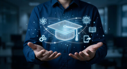 man holding digital graduation cap with icons