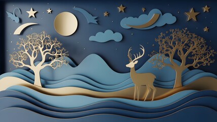 Magical night scene with deer, trees, moon, and stars in paper cut style