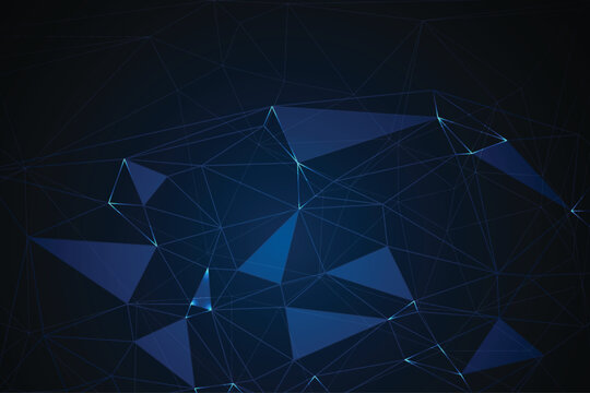 a dynamic, low-poly abstract background dominated by a range of vibrant blue tones, from deep navy to bright cyan.
