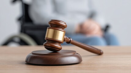 Obraz premium Justice and Legal Concept with Gavel on Table and Person in Wheelchair in Background, Symbolizing Accessibility and Equality in Law Settings