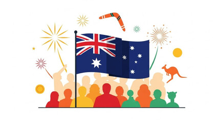 Australian flag waving with people celebrating australia day, fireworks, and kangaroo