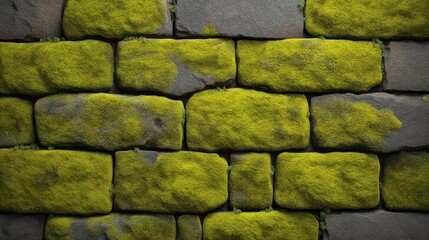 Detail of a textured stone wall covered in moss, showcasing the natural growth and vibrant green hues against the weathered stones and rustic background