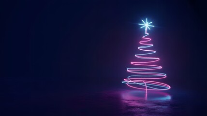 Neon christmas tree glowing in dark abstract holiday celebration