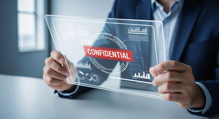Businessman reviewing confidential data on a futuristic transparent tablet interface.