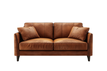 A stylish brown leather sofa with pillows