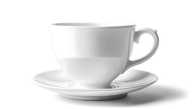 White porcelain teacup with matching saucer, casting a subtle shadow on a clean, bright white background