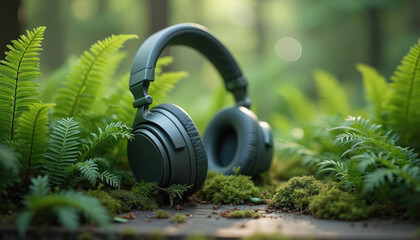 Headphones rest among vibrant green ferns and moss. Rich forest setting offers calm audio escape. Natural environment promotes peaceful listening and tech balance. Gentle light filters through leaves.