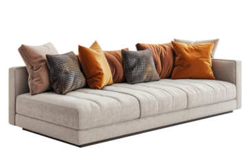 A modern beige sofa with colorful pillows