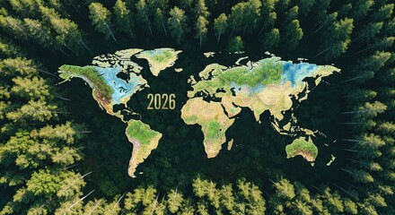 World Map with Natural Landscape Illustration for Year 2026 Surrounded by Green Forests