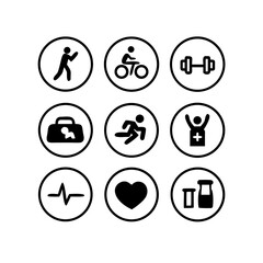 A collection of nine circular icons representing various aspects of health and fitness