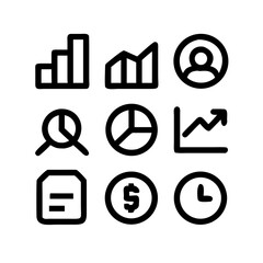 Collection of business and finance icons including graphs, user, document, dollar, and clock