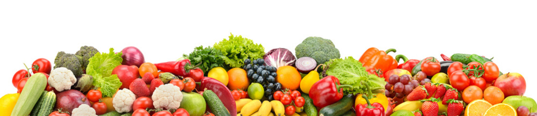 Colorful Assortment of Fresh Fruits and Vegetables Isolated on White Background with Copy Space for Healthy Food, Nutrition, Organic Diet and Clean Eating Concepts