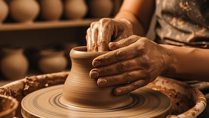 Potter skillfully shaping clay on a spinning wheel in studio