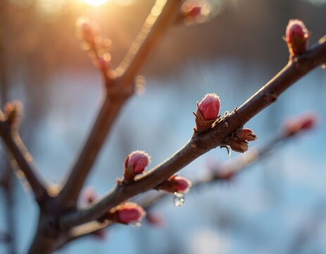 Tree branches with pink buds glow in warm sun. Melting snow falls gently from leaves. New life emerges with spring. Nature awakes, growth begins. - Powered by Adobe