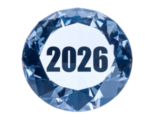 Blue diamond with the year 2026 at its core, symbolizing future and value