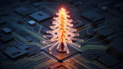 Glowing digital christmas tree on computer microchip circuit board technology concept