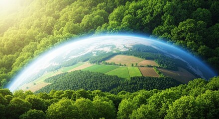 Lush Green Forests Surrounding Vibrant Fields Underneath Bright Blue Sky and Earth Atmosphere