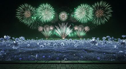 Night scene with green firework bursts above field of pale flowers. The display represents celebration, festivity, and joy, showcased with natural element