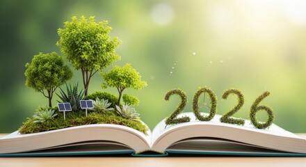 Conceptual Environment Book Open with Green Trees and 2026 Number Representing Sustainability Theme
