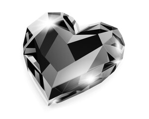 A heart-shaped diamond with a faceted surface, reflecting light and showcasing its sharp edges and polished appearance, set against a clean white background.