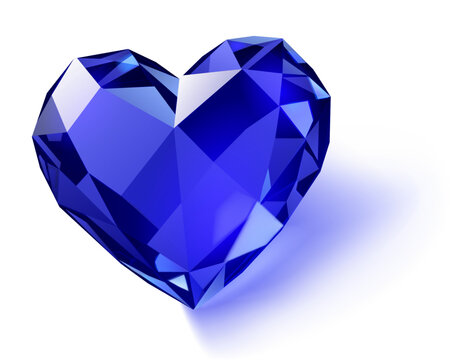 A blue gemstone cut into a heart shape with facets, on a white background with subtle shadow.