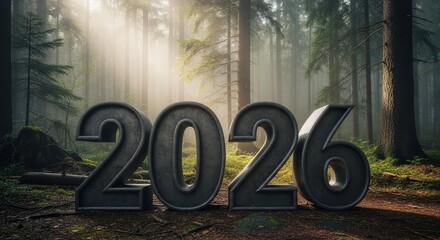 Forest Scene with Large Numbers Representing the Year 2026 Surrounded by Misty Trees