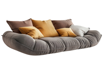 A modern gray couch with colorful pillows
