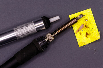 Soldering iron desoldering pump and sponge for electronics repair