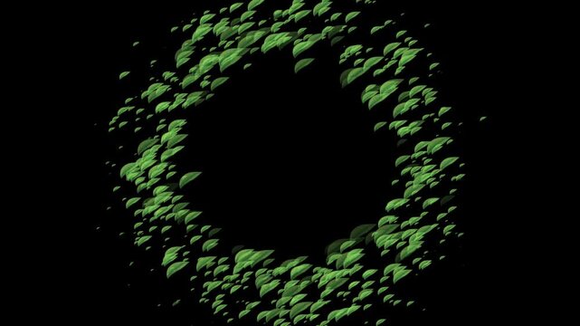 Abstract green leaves rotating in a circular frame animation on black background