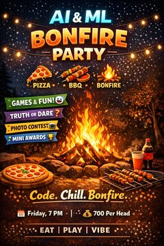 AI and ML Bonfire Party Poster &ndash; Bonfire, Pizza, BBQ, Games, Awards and Tech Vibes Under String Lights