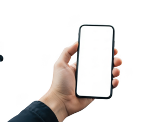Hand holding black smartphone mockup isolated on transparent background