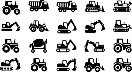 Black construction and agricultural machinery icons set featuring tractors excavators dump trucks bulldozers and cement mixers isolated on white background. © Reginald Diesel