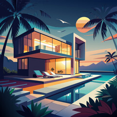 tropical hotel in the night