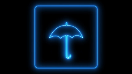 A vibrant blue neon light umbrella icon, glowing within a minimalist square frame, symbolizing protection and safety with a modern digital design, isolated on black background © MdShafiqul