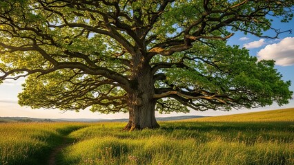 Obraz premium Majestic tree with sprawling branches in serene green landscape with cloudy blue sky