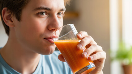 Young man drinking carrot juice from a glass
