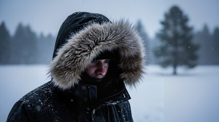 Man wearing fur-lined parka in snowy landscape during winter  