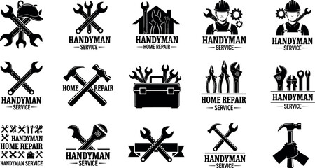 Professional Handyman Service and Home Repair Logo Set Featuring Tools, Wrenches, Hammers, Toolboxes, Maintenance Workers, and Construction Equipment Vector Illustrations