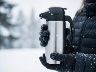 Person holding thermos in snowy landscape during winter  